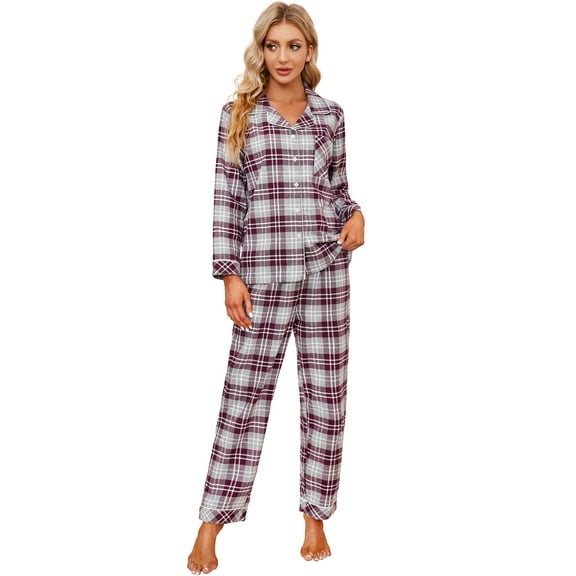 HEARTNICE 100% Cotton Pajama Set for Women, Button Down Plaid Sleepwear Long Sleeve Flannel Pajamas Set,(Purple Grey Plaid,L)