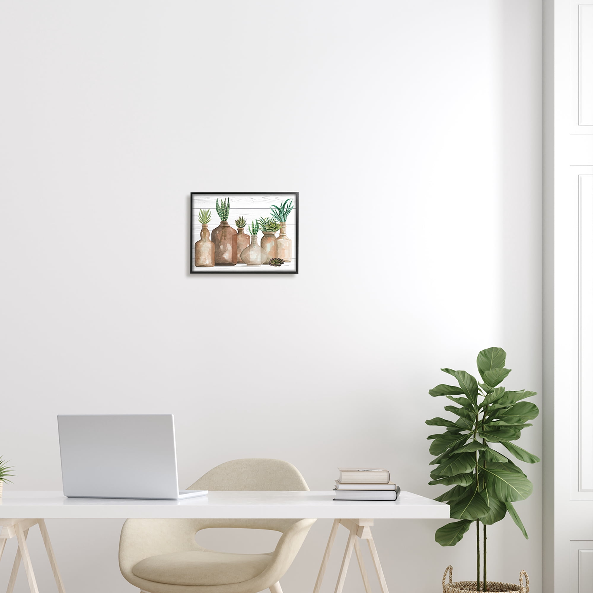 Stupell Industries Various Succulents Plants Vases Jars Striped Leaves Graphic Art Black Framed Art Print Wall Art, Design by Cindy Jacobs