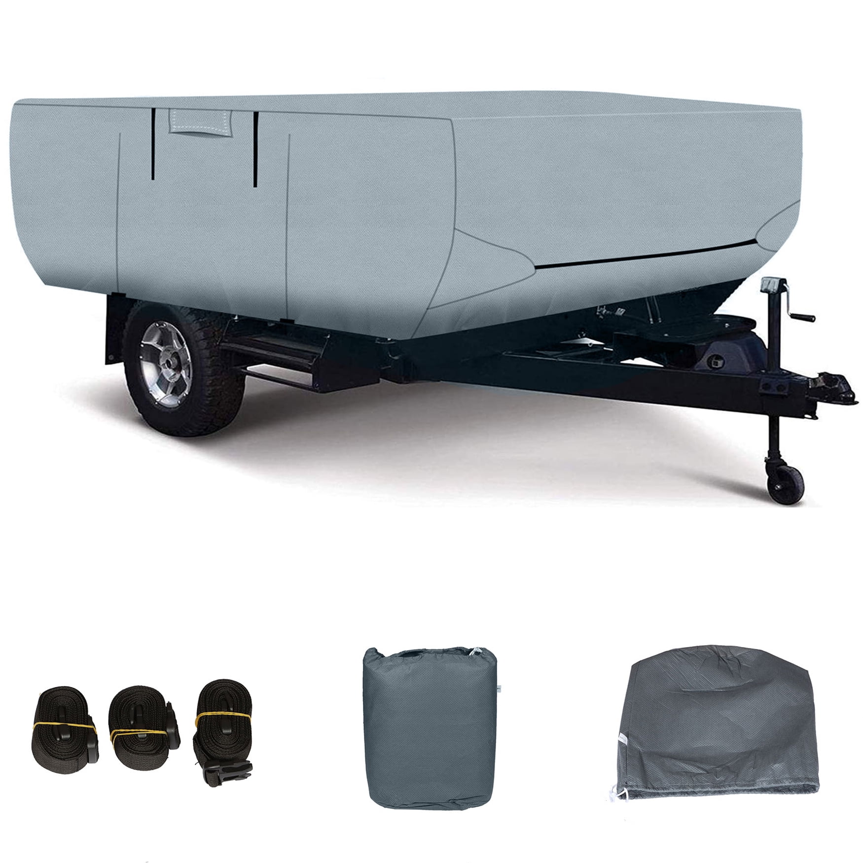 Gray Umbrauto Pop Up Camper Covers Waterproof Pop Up Folding Trailer Cover 3 Layers Polypropylene Breathable Ripstop Anti-UV Pop-Up Tent Trailers Cover Fits 8' 10' Trailers 