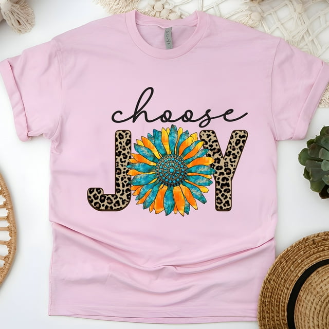 Choose Joy Leopard Print Sunflower Christian T-Shirt, Light Pink, Size L