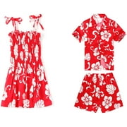 Matching Boy and Girl Siblings Hawaiian Luau Outfits in Hibiscus Red and Navy