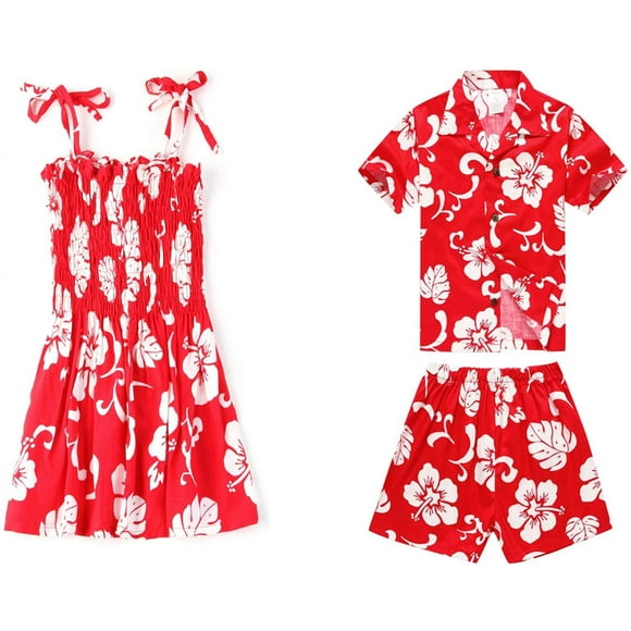 Matching Boy and Girl Siblings Hawaiian Luau Outfits in Hibiscus Red and Navy