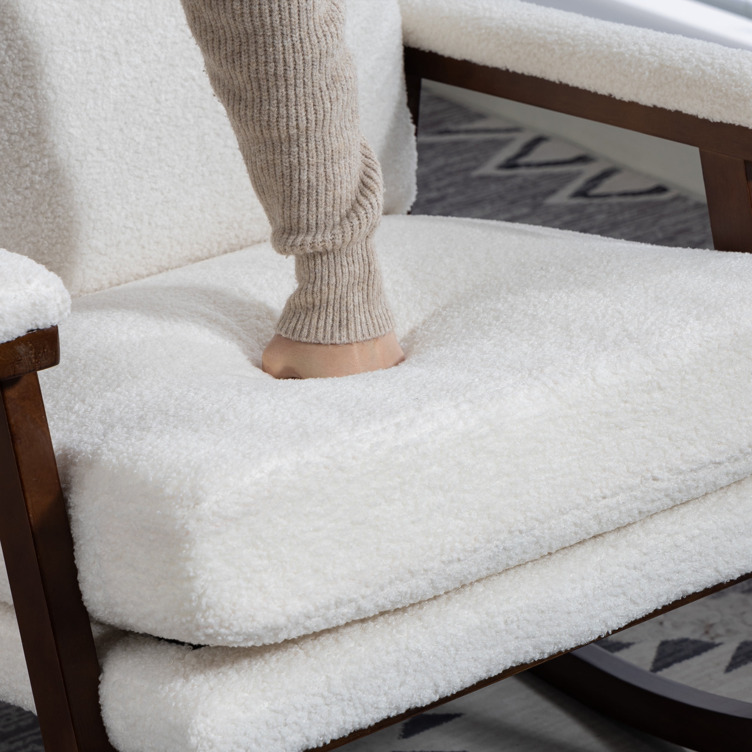 Paproos Rocking Chair, Paproos Velvet Upholstered Rocker Chair, Glider Rocker Accent Chair with Cushion, Rocking Chair for Nursery, Armchair Reading Chair for Living Room Bedroom, White