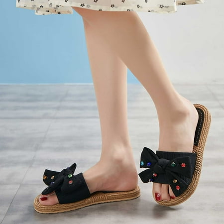 

AOOCHASLIY Independence Day Shoes Summer New Flip-flops Linen Color Diamond Bow Flat Sandals