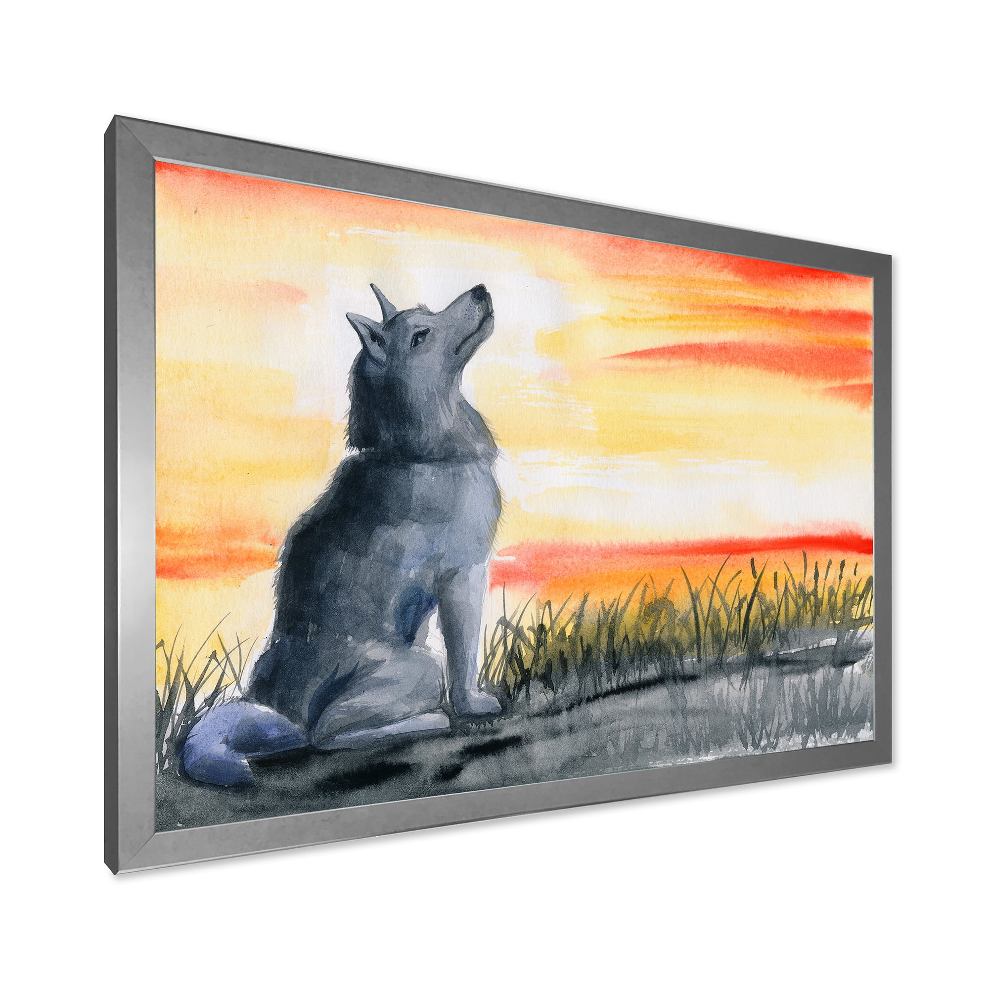 Designart 'Portrait Of Grey Wolf Howling At The Moon' Traditional Framed Art Print