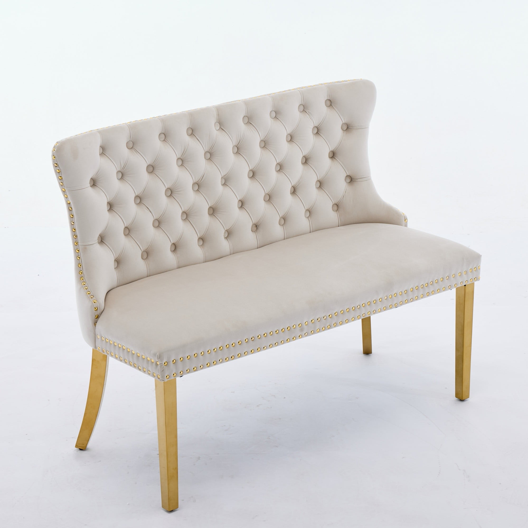 Velvet Double Dining Loveseat Bench, Kitchen & Dining Seating, 2-Seat Tufted Bench w/Handmade Buttons, Wing Back, Gold-Plated Steel Legs, Mid Century Modern,Single Pack (Beige)