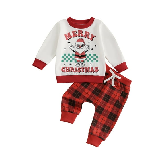 Baby Toddler Boys Girls 2Pcs Christmas Outfits 6 12 18 24 Months 2T 3T 4T Long Sleeve Round Neck Sweatshirt and Plaid Pants Set Winter Clothes