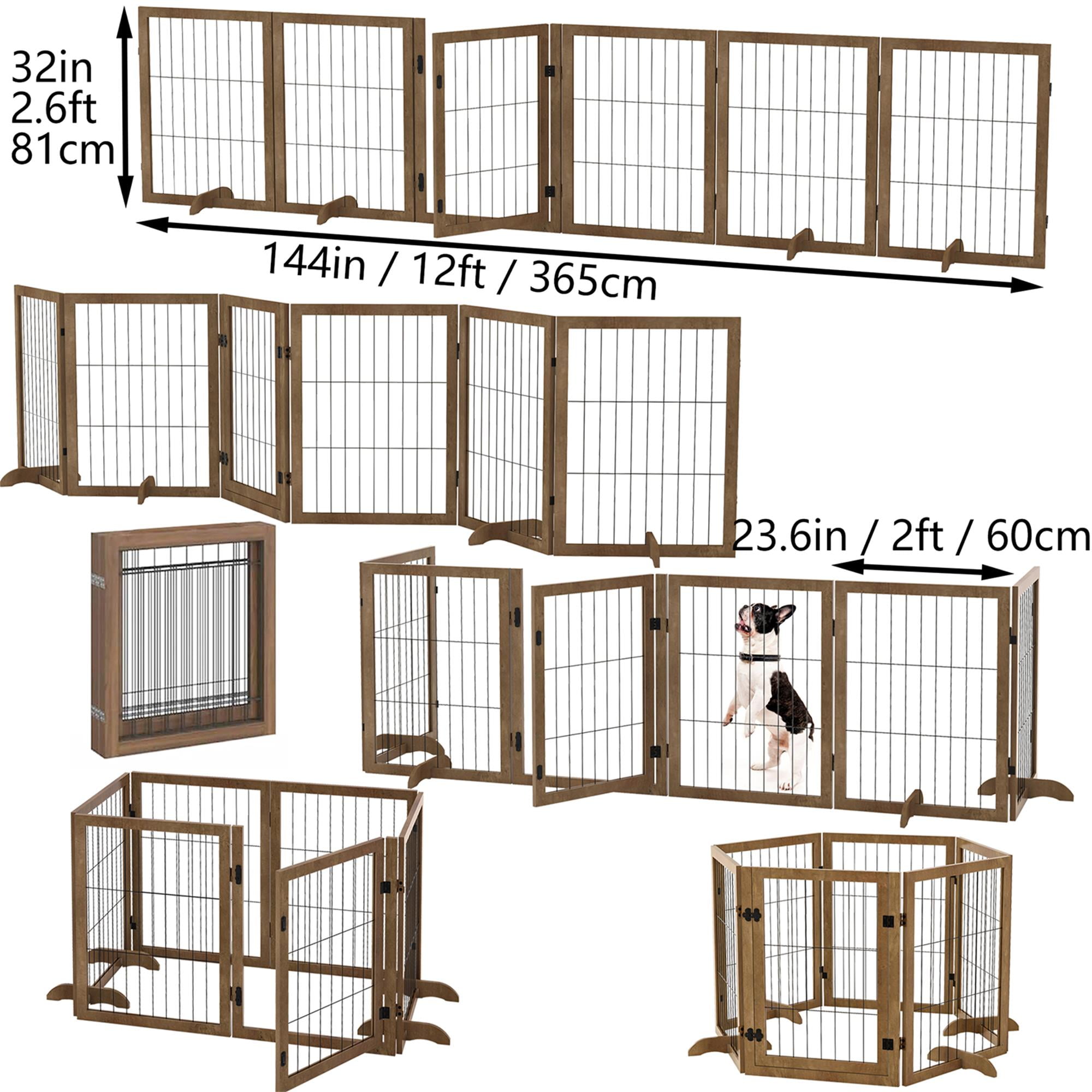 Pefilos 144" Wide Folding Pet Gate, 32" Tall No-Assembly Wood Dog Gate with Door Walk Through, Freestanding Wire Pet Gate, Pet Puppy Safety Fence, Brown Pefilos 144" Wide Folding Pet Gate, 32" Tall No-Assembly Wood Dog Gate with Door Walk Through, Freestanding Wire Pet Gate, Pet Puppy Safety Fence, Brown