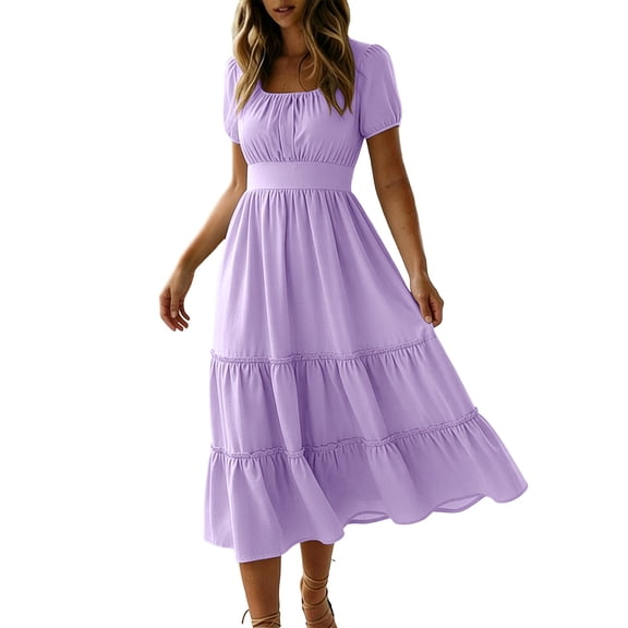 biudgviw Womens Summer Dresses Loose Pleated Square Neck Long Dress Casual Smocked Short Sleeve Flowy Dress Spring Clothes