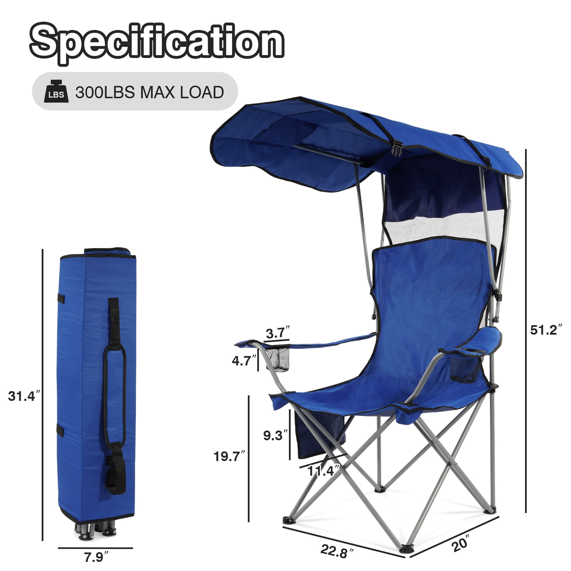 FlexWave Folding Camp Chair，Portable Outdoor Chair，with Shade & Cup Holder，for Camping, Beach, Fishing, and Sports Events