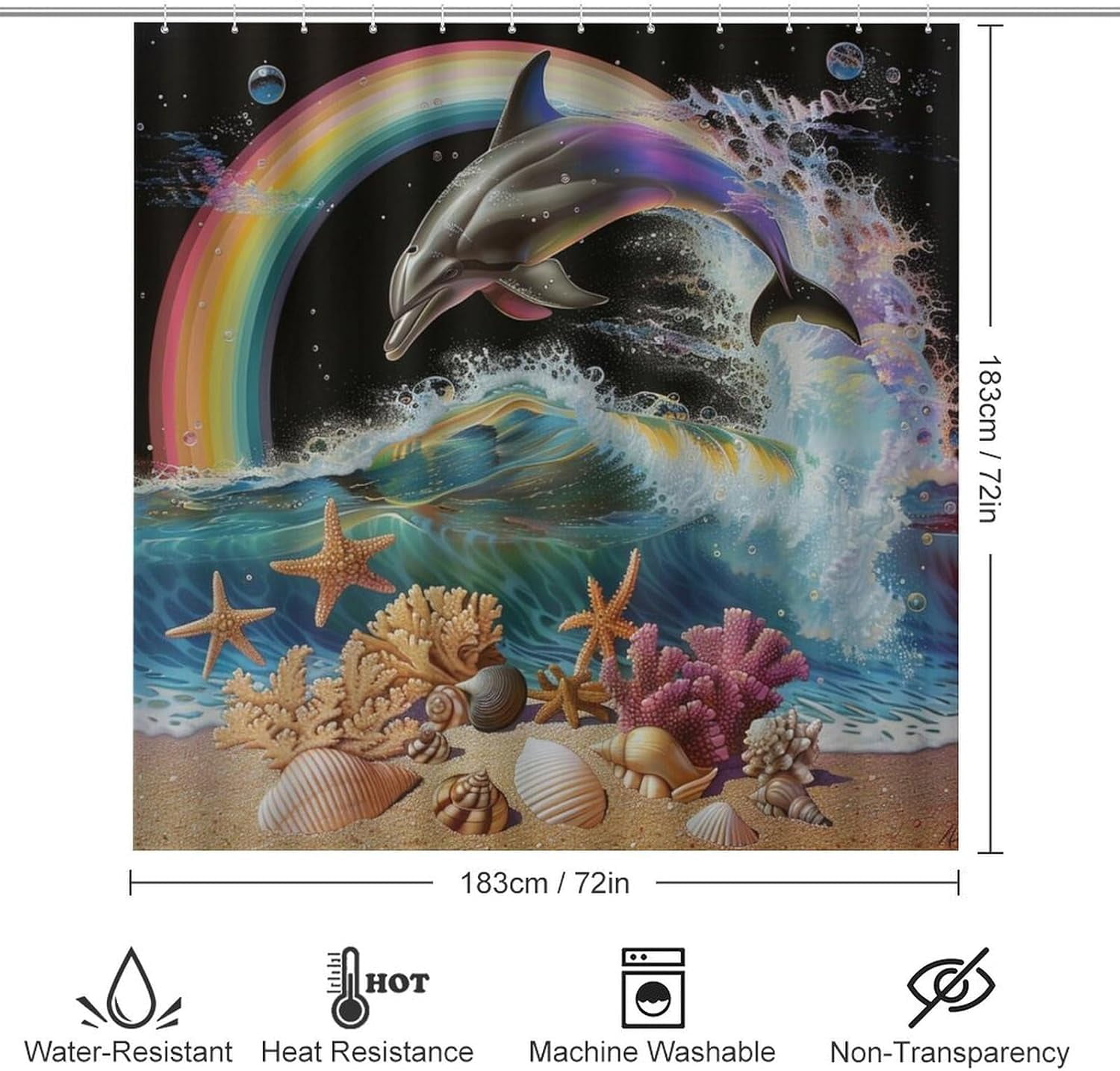 4Pcs Colorful Ocean Dolphin Shower Curtain Sets, Bathroom Decor Set with Rugs, Bath Mat Sea Shell Rainbow Shower Curtain, 72 X 72 Inch