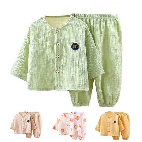Baby Girl Pajamas Cotton Gauze Long Sleeve Top and Pants Lightweight Summer Home Set Girls' Outfits Green 18-24 Months