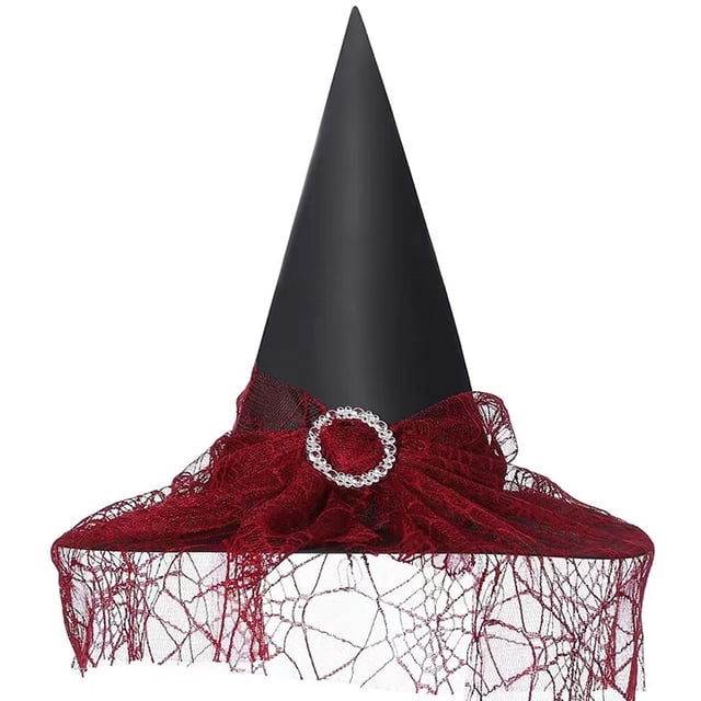 Sombrero de bruja de Halloween JAMW Vintage transparente con estampado de velo de encaje burdeos