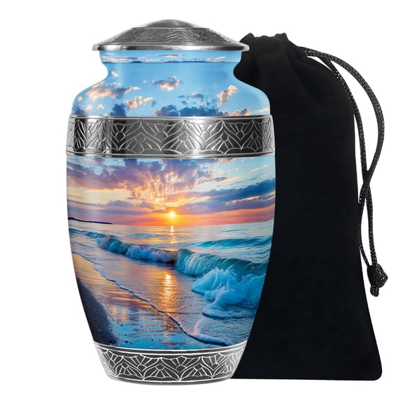 MUKTIVE Beach Funeral Blue Cremation Urns for Adult Ashes Women & Men, Memorial Urns for Ashes Grandfather & Grandmother, Large Urn for Human Adult 10 Inch