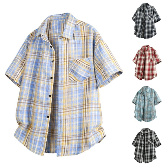 KeShDi Mens Flannel Men's Casual Short Sleeve Vintage Beach Summer Button Blouse Shirt Black L