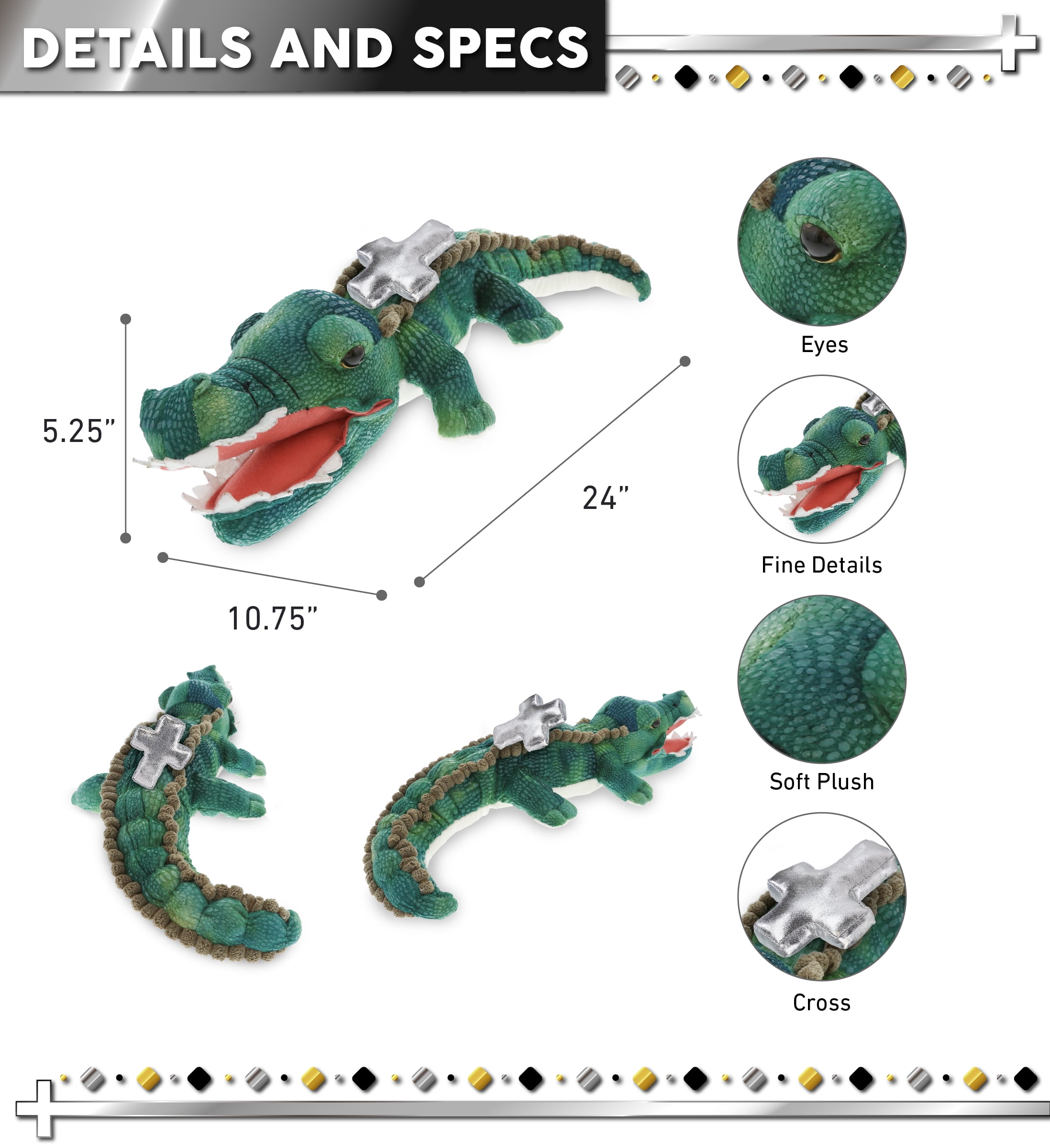 DolliBu Green Alligator Stuffed Animal with Silver Cross Plush - Religious Baby Baptism Gifts for Boys and Girls, Dedication Christening Gifts Plush Prayer Toy Healing Stuffed Animal - 24 Inches