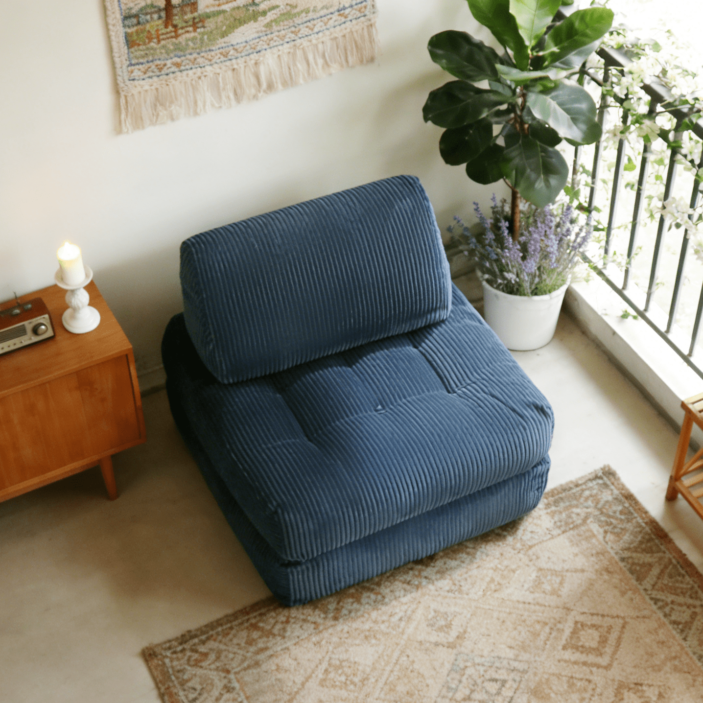 70.8-Inch Beanbag Couch for Adults, Corduroy Fluffy Cloud Lazy Sofa Chair with Ergonomic Support for Living Room and Dorm, No Assembly Required, Blue