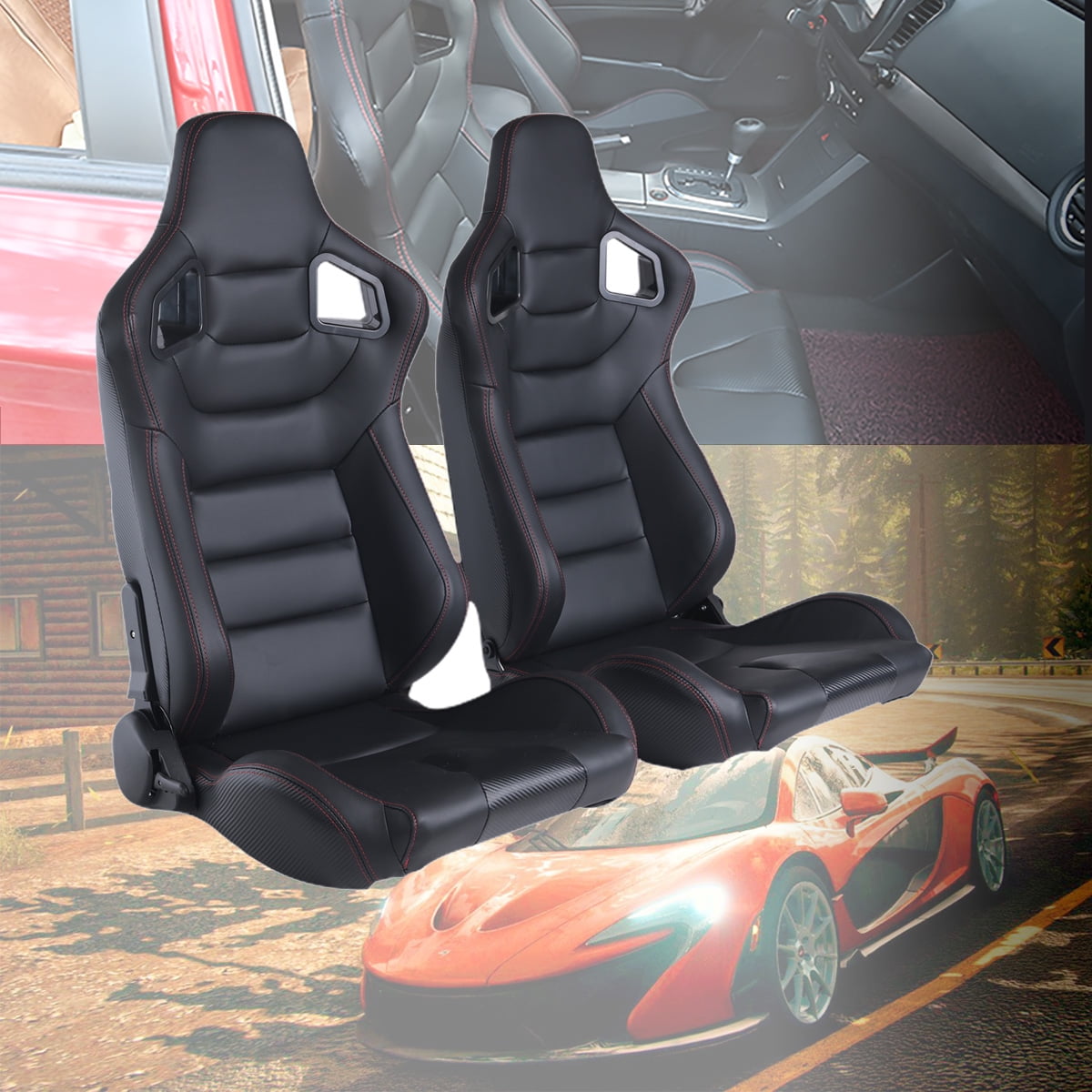 Automotive Racing Seats for Cars Racing Seats 2PCS Universal PVC Leather Racing Seats with Dual Lock Sliders for Front-Back Adjustment Handle-Type Reclining Mechanism 