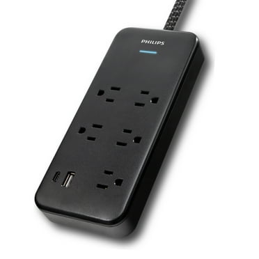 Philips 6-ft 5-Outlet Surge Protector, 1 USB-a, 1 USB-C, 15W, 1500J, Braided Cord, Black