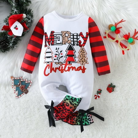 

NIUREDLTD Toddler Girls Christmas Long Sleeve Letter Romper Leopard Prints Ruffles Bell Bottoms Flare Jumpsuit