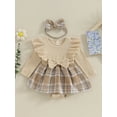 thumbnail image 2 of FEORJGP Infant Girl 2Pcs Fall Outfits Newborn Baby Ruffle Long Sleeve Jumpsuit Plaid Print Skirt Romper Dress Crew Neck Bodysuit Dress with Headband Set Clothes, 2 of 9