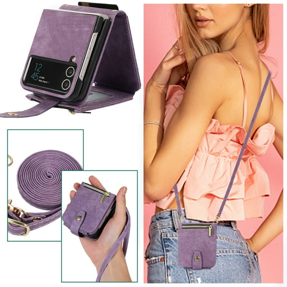 Dteck for Samsung Galaxy Z Flip3 Crossbody Wallet Case with Card Holder Zipper Pocket Lanyard Shoulder Strap, PU Leather Shockproof Protective Flip Cover for Galaxy Z Flip3 5G,Purple