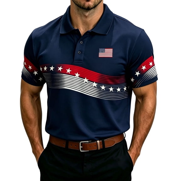XDZJLR Mens Golf Shirts Patriotic Independence Day Print Button Front Short Sleeve Summer Outdoor Activities Tops Big And Tall Polo T Shirts For Men S-6Xl
