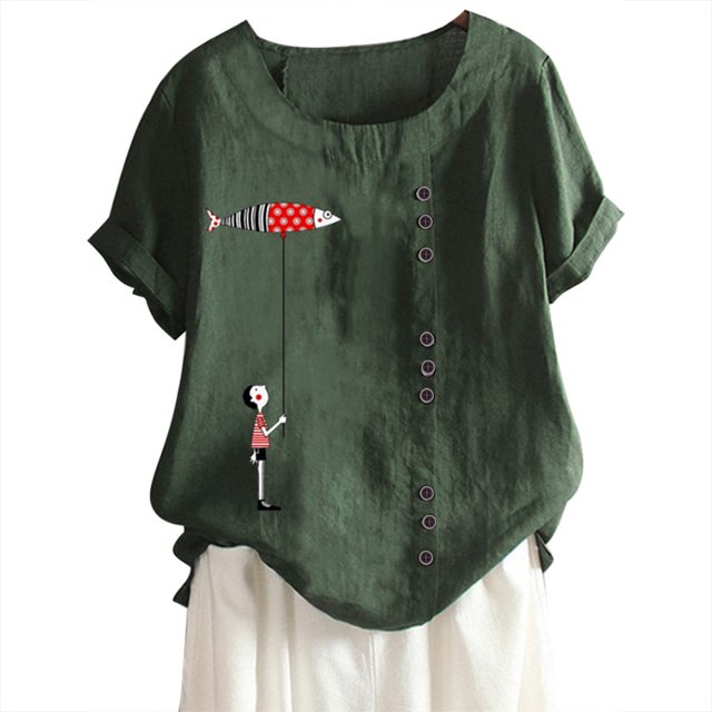 Pompotops Blouse Décontractée à Manches Courtes en Coton et Lin Col Rond Imprimé T-Shirt