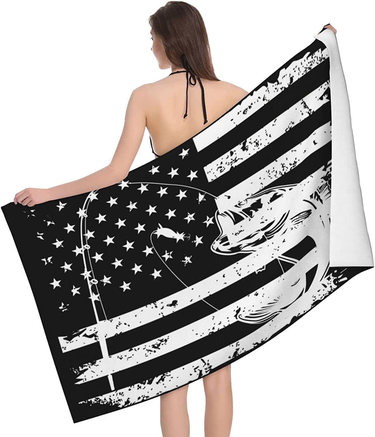 Bass Fishing Lure And American Flag Beach Towels 32x52 Inch Quick Dry