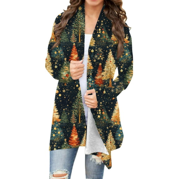 Women's Cute Christmas Cardigan Long Sleeve Open Front Knit Cardigan Funny Xmas Graphic Holiday Sweater Jacket Coat