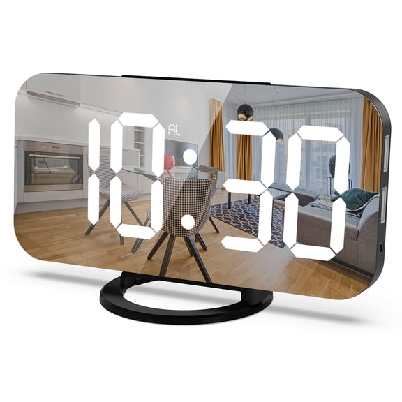 Digital Alarm Clock,LED and Mirror Desk Clock Large Display,with Dual USB Charger Ports,3 Levels Brightness,12/24H,Modern Electronic Clock for Bedroom Home Living Room Office - Gold