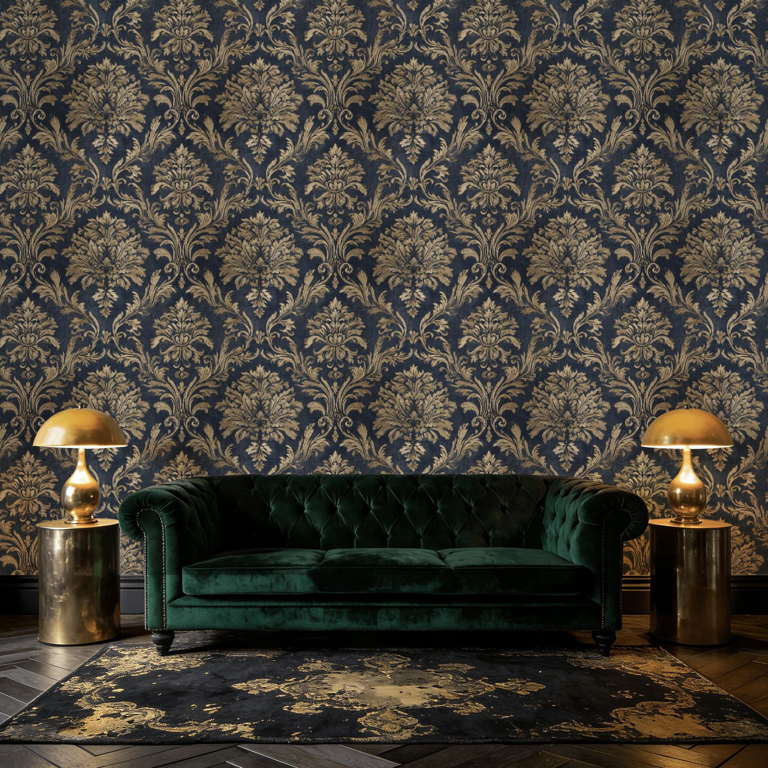 Baroque Peel and Stick Wallpaper Vintage Dark Damask Baroque Floral Gold Flourishes Wall Mural 23.6in x 9.8ft Self Adhesive Removable Wall Paper Renter Friendly Wallpaper for Bedroom Livingroom Men
