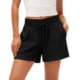 thumbnail image 3 of Women's High Waisted Linen Blend Shorts, Flowy Elastic Waist with Pockets for Tummy Control, Summer Casual Beach Lounge Wear Black L, 3 of 7