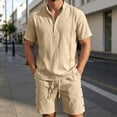 thumbnail image 2 of Uwinwear Men's Linen Casual 2 Piece Outfit Mock Neck Short Sleeve Shirt and Side Button Shorts Set Casual 2 Piece Summer Outfit,Khaki,L, 2 of 6