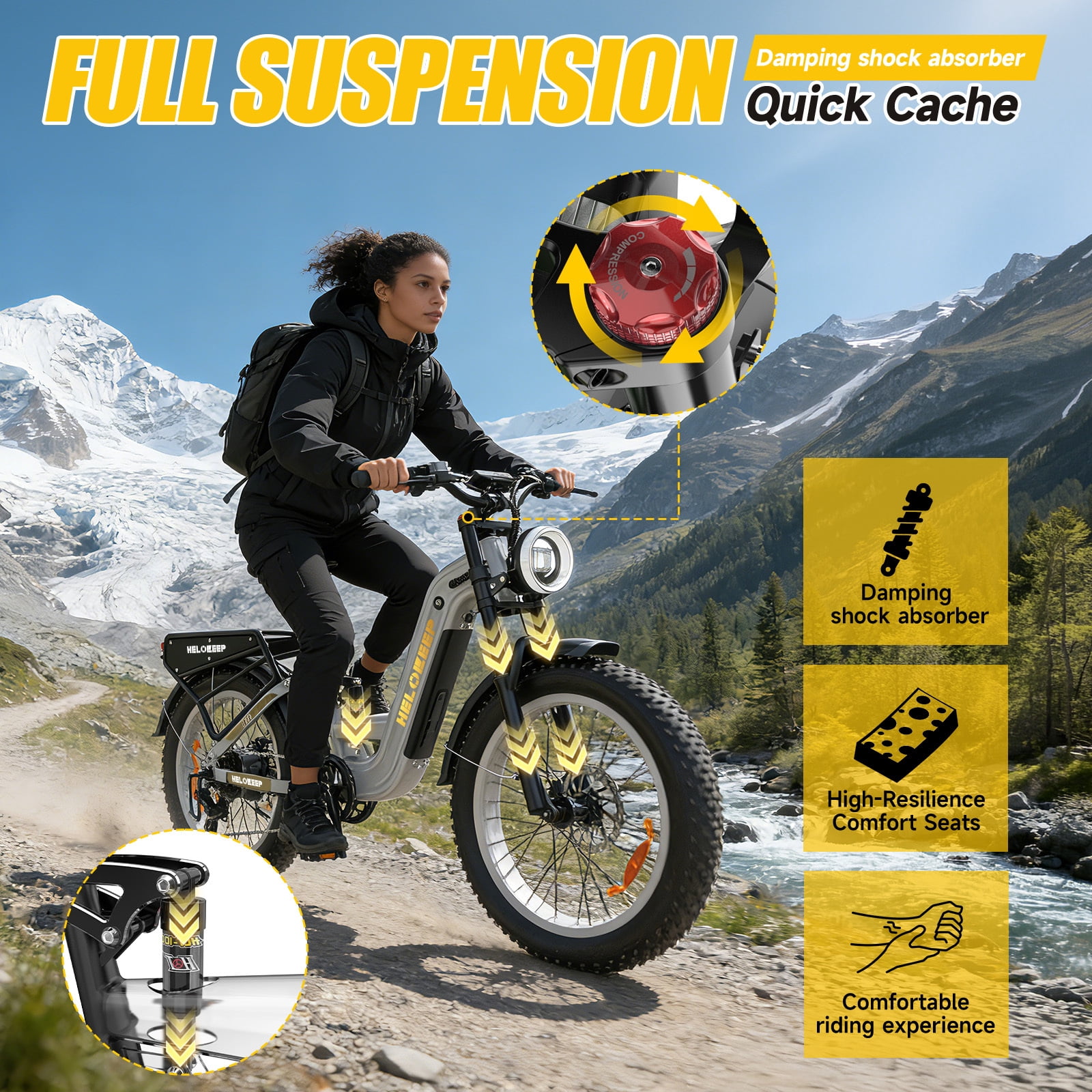 Helokeep 26" White Fat Tire High Performance Cargo Electric Bike for Women, 4000W Peak 2000W, 40MPH, 48V 25Ah UL2849 Off-Road Ebike