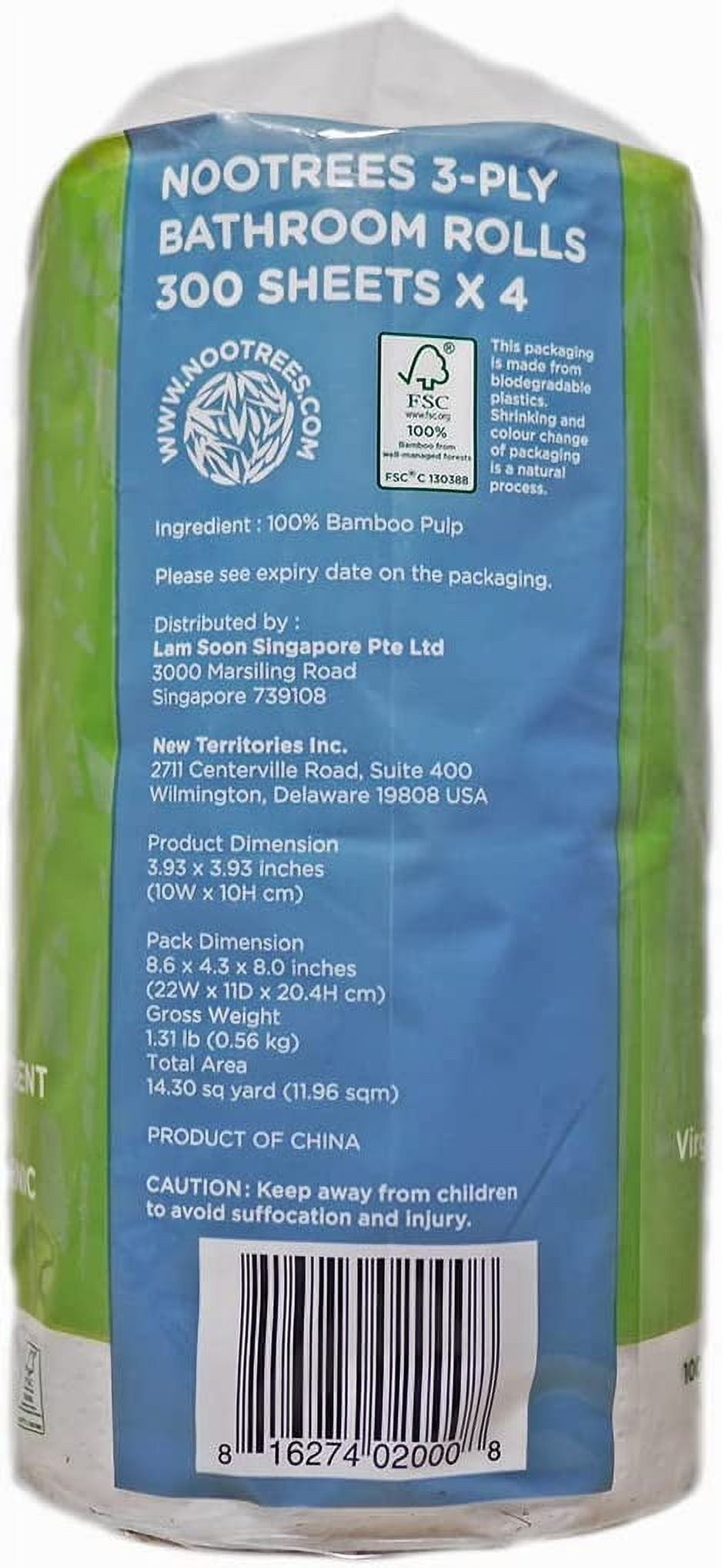 Pack of 12, Nootrees Pure Virgin Bamboo Pulp 3-Ply Toilet Paper, 4 x 300 Sheets