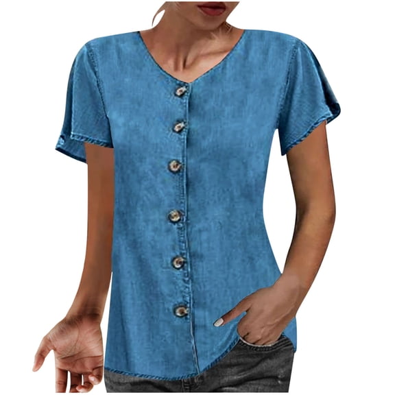 Mittory Button Down Shirts for Women Solid Color Tunic Summer Tops Dressy Casual Loose Short Sleeve Crew Neck Henley Blouse