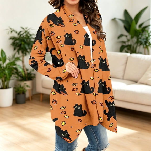 Women's Halloween Pumpkin Cat Print Knitting Cardigan Long Sleeve Open Front Knitted Sweater Outwear Coat Tops