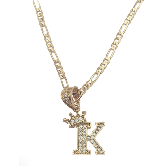 Cadena y dije de brillos con corona de oro laminado letra K