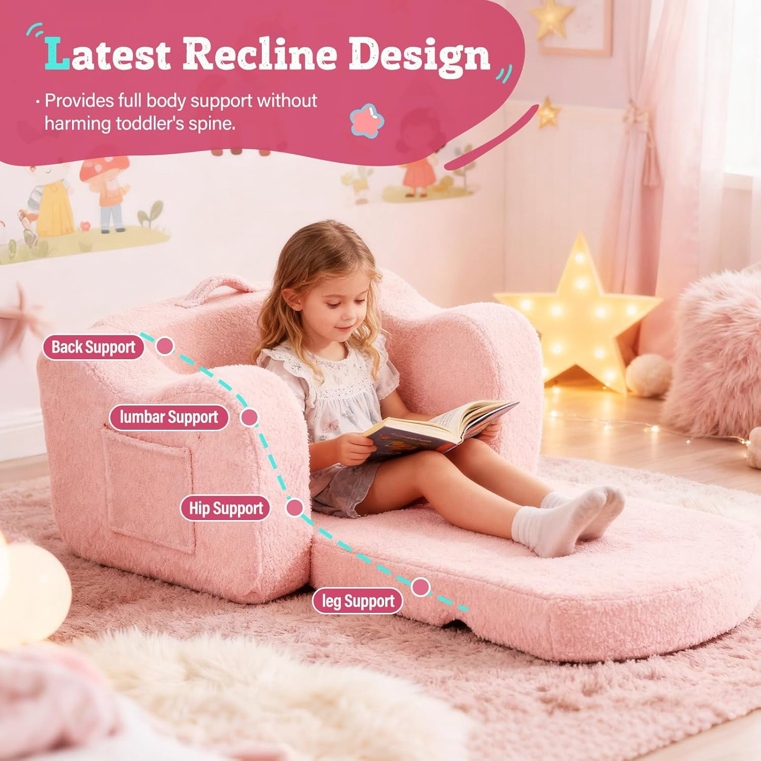 Kids Sofa 2-in-1 Soft  Toddler Chair Convertible Lounger with Side Pockets