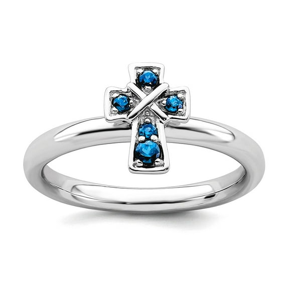 2.25mm 925 Sterling Silver Stackable Rhodium Blue Topaz Religious Faith Cross Ring Size 9 Stackable Ring for Women