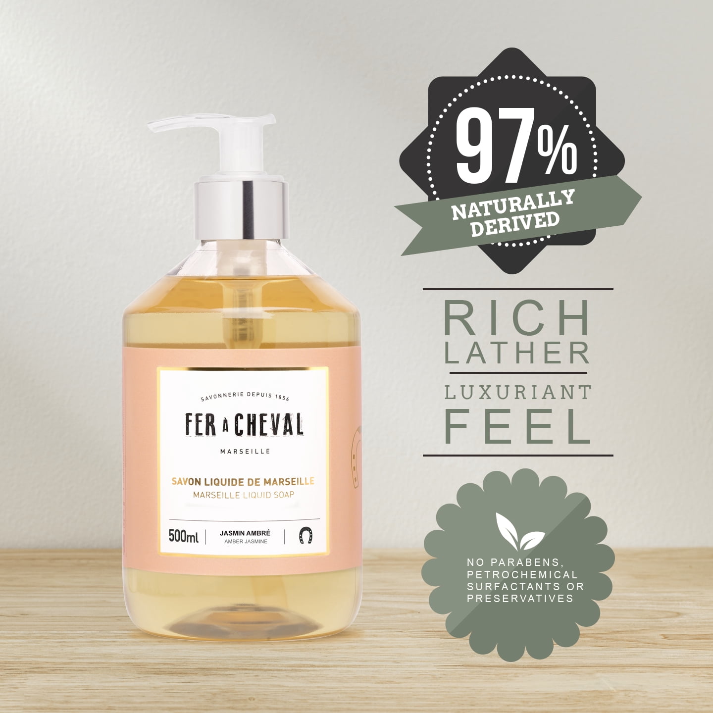 Fer à Cheval Amber Jasmine Luxury Liquid Soap - Natural Argan & Coconut Oil Blend, Gentle & Moisturizing, Eco-Friendly - 2 Pack, 500ml/16.9 f oz