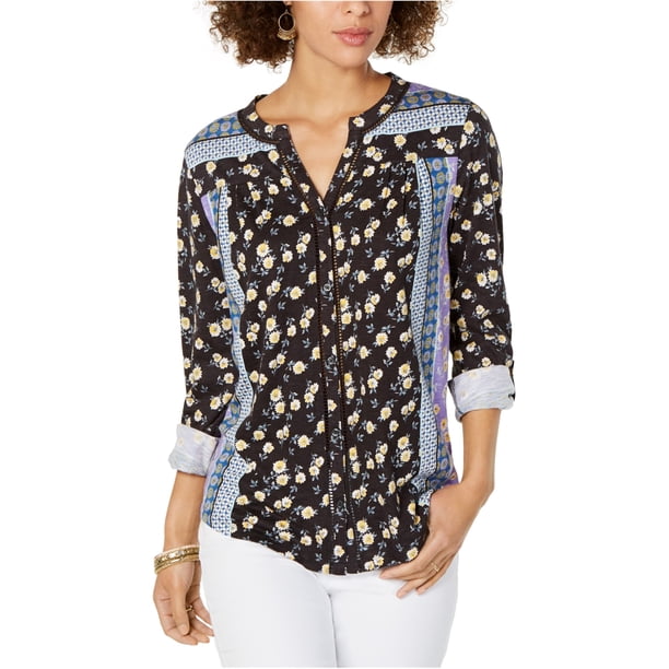 Blusa Style & Co. con botones y lengüeta enrollable para Mujer Negro Grande