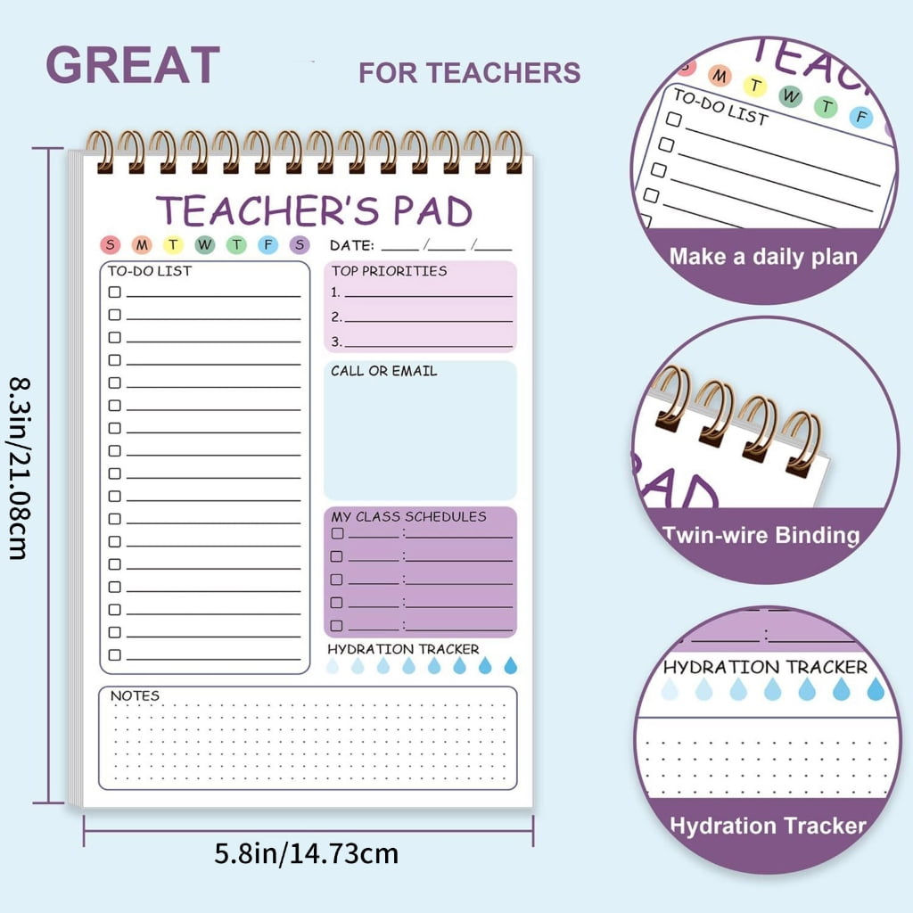 3Pcs Teacher Daily Planner Notepads Twin Coil Binding Notepads 50Sheets Undated