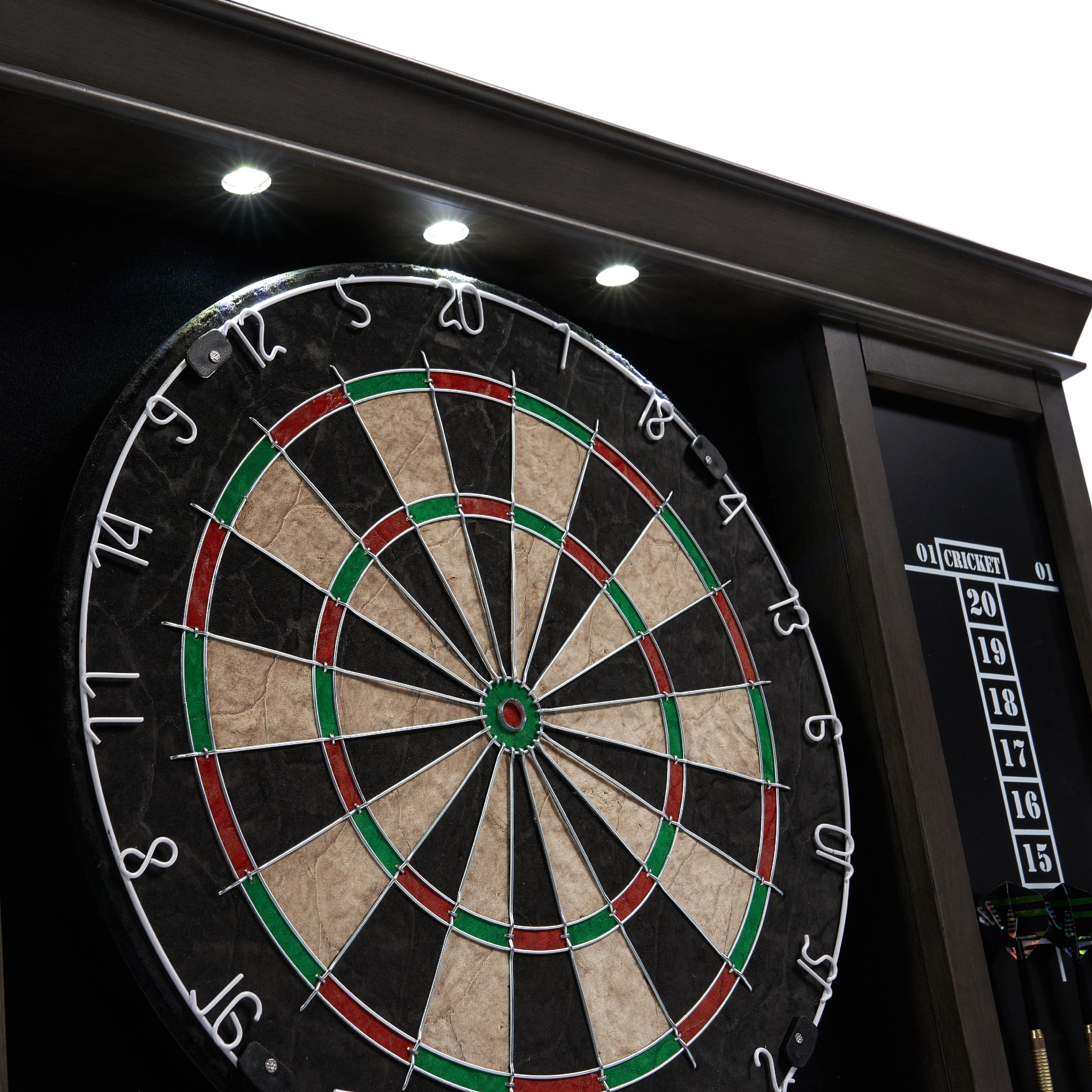 Palmer Wood Dartboard LED Display Cabinet with 18-inch Bristle Dartboard and Steel Tip Dart Set by Barrington Billiards
