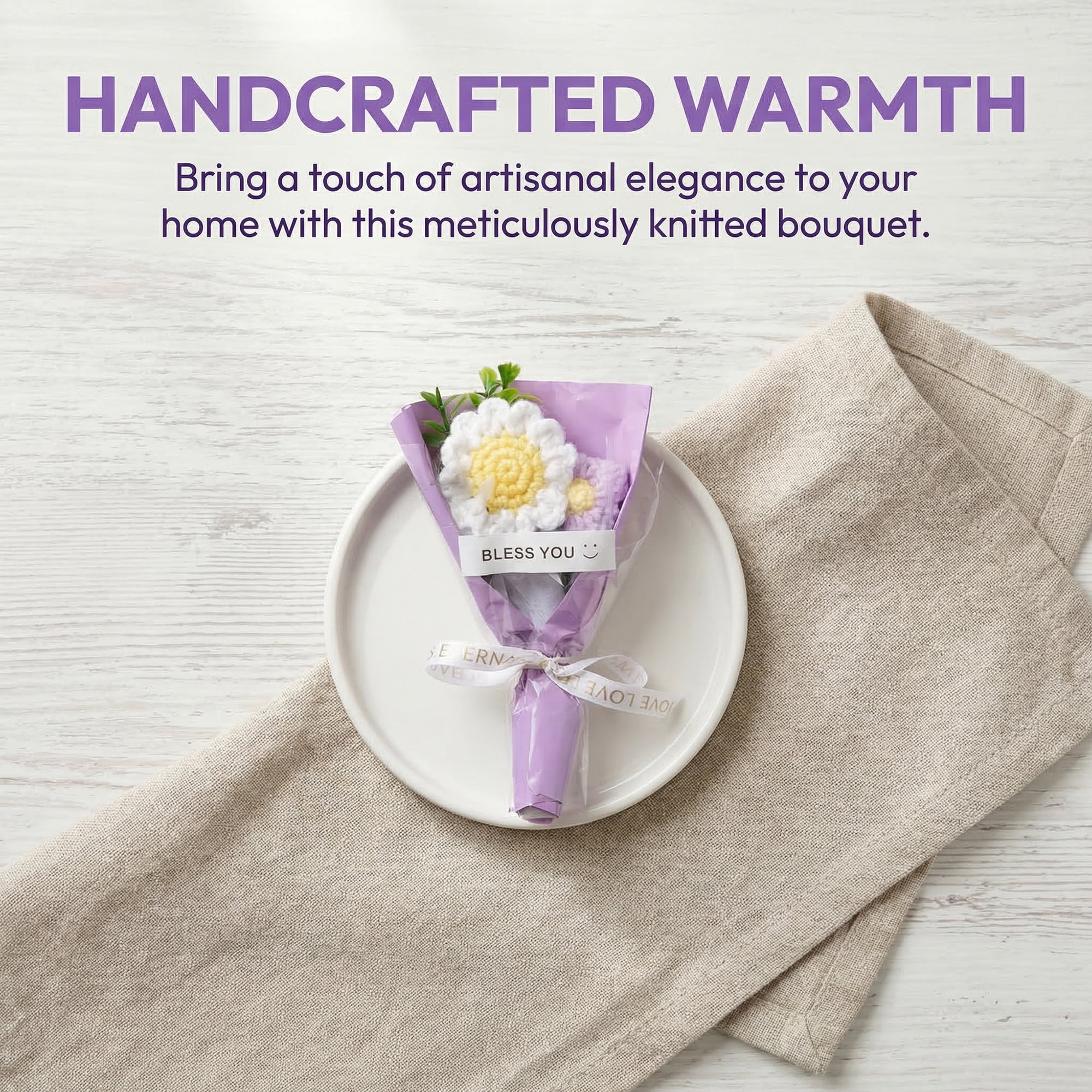 Unique Bargains 4Pcs Handmade Crochet Potted Flowers Knitted Bouquet Purple 5.9in