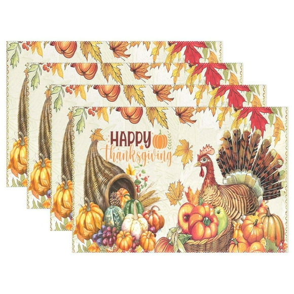 Wamika Happy Thanksgiving Day Pumpkin Turkey Sunflower Placemat Set of 6 Table Mat,Autumn Leaf Harvest Table Mats Placemats 12x18 in for Dining Home Kitchen Decor Indoor