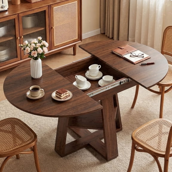 EDX 43.3″–59″ Extendable Round Dining Table for 4-6, Modern Oval Dining Table with Removable Leaves, Wooden Kitchen Table with Storage Shelf Base, Space Saving for Kitchen Living Room, Walnut