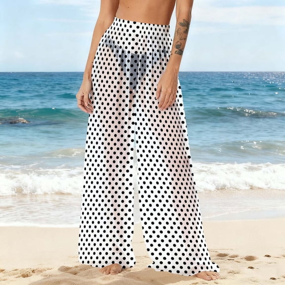 HongQid Women See Through Mesh Flare Cover up Pants Swimsuit Bikini Bottom Elastic Waist Chiffon Wide Leg Palazzo Trousers