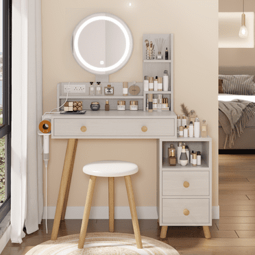 Makeup Vanity Desk with LED Mirror and Drawers,Round Mirror Dressing Table with Cushioned Stool,3-color Brightness Adjustable USB Socket,Small Vanity Desk for Bedroom,White